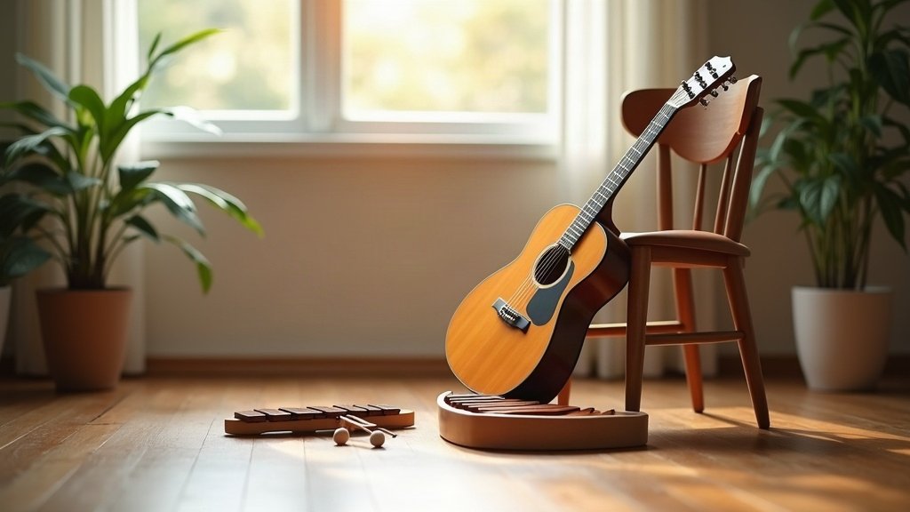 Guitare acoustique et xylophone dans une pièce calme et lumineuse, musicothérapie