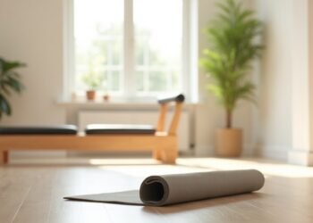 Tapis de Pilates roulé au sol et Reformer dans un studio lumineux, pilates perte de poids