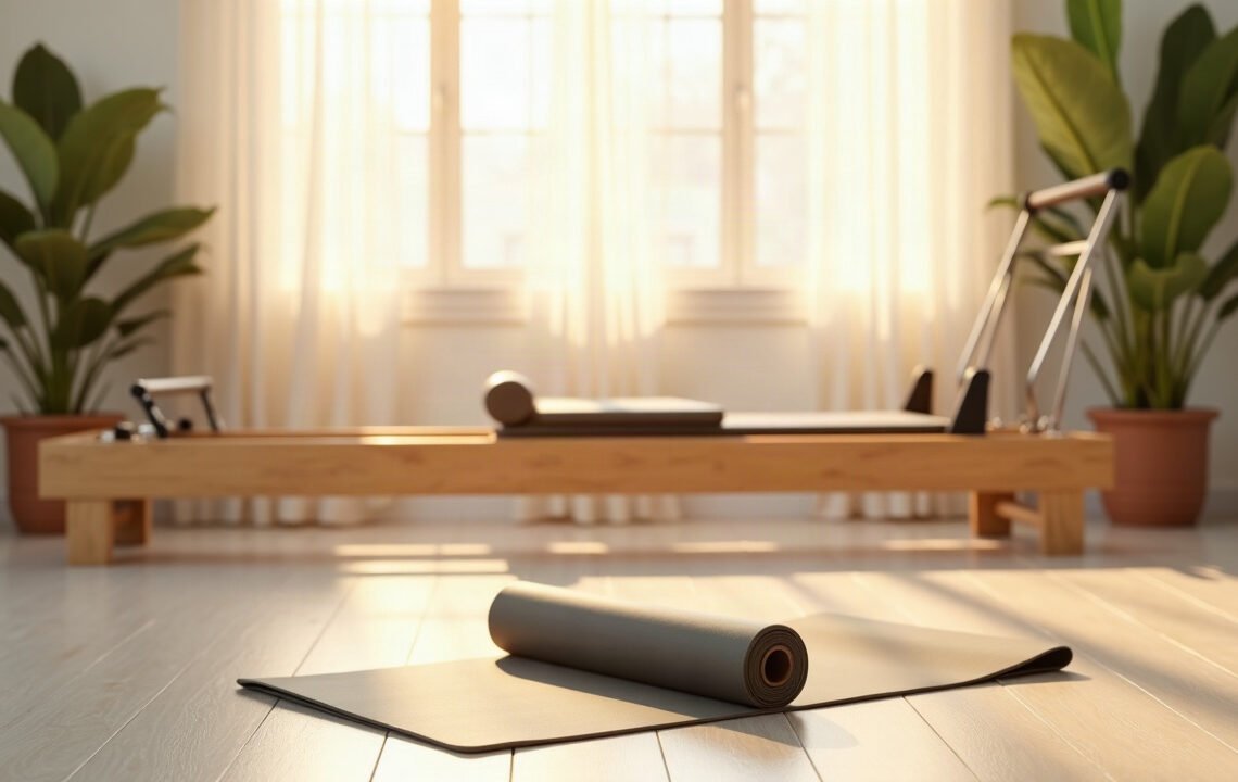 Pilates et scoliose : ce qui est démontré 1 Studio de Pilates au lever du jour, tapis roule et reformer en bois, Pilates et scoliose
