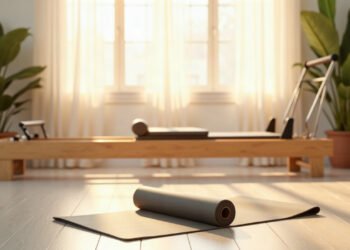 Studio de Pilates au lever du jour, tapis roule et reformer en bois, Pilates et scoliose