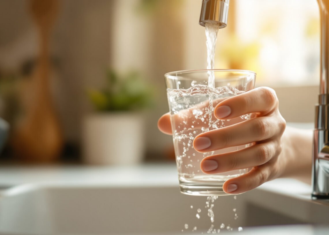 Qualité de l'eau du robinet en France 1 Une main remplit un verre d'eau au robinet de la cuisine : qualité de l'eau du robinet