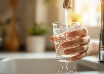 Une main remplit un verre d'eau au robinet de la cuisine : qualité de l'eau du robinet