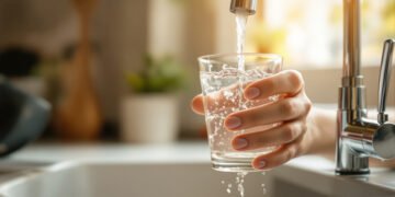 Une main remplit un verre d'eau au robinet de la cuisine : qualité de l'eau du robinet