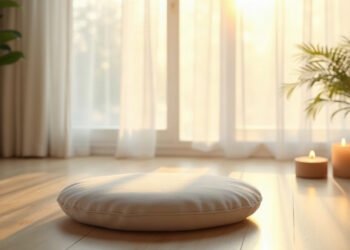 Coussin de méditation au sol dans la lumière du matin : respiration alternée Nadi Shodhana