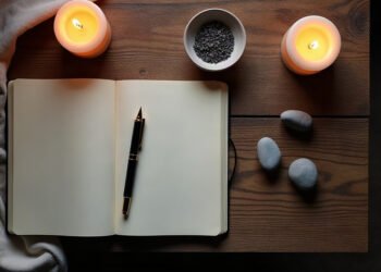 Carnet ouvert, stylo et bougies allumees sur une table en bois, rituel de nouvelle lune
