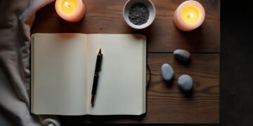 Rituel de nouvelle lune : guide et limites 6 Carnet ouvert, stylo et bougies allumees sur une table en bois, rituel de nouvelle lune