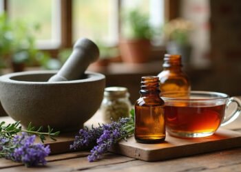Mortier, flacons d'huiles essentielles, lavande et infusion sur une table en bois : santé naturelle