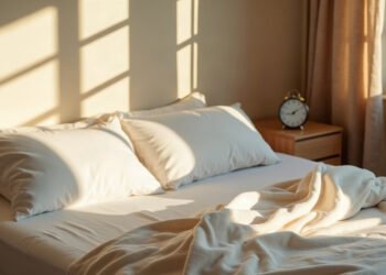 Lit défait avec plaid en lin et réveil sur la table de nuit, lumière d'après-midi filtrée par les volets, sieste
