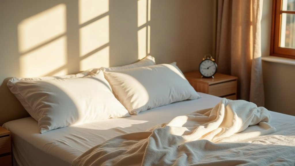 Lit défait avec plaid en lin et réveil sur la table de nuit, lumière d'après-midi filtrée par les volets, sieste