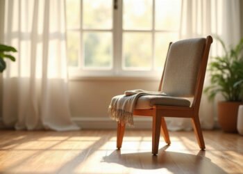 Chaise en bois avec un plaid pres d une fenetre lumineuse, prete pour une seance de yoga sur chaise