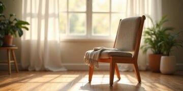 Yoga sur chaise : la séance complète 5 Chaise en bois avec un plaid pres d une fenetre lumineuse, prete pour une seance de yoga sur chaise