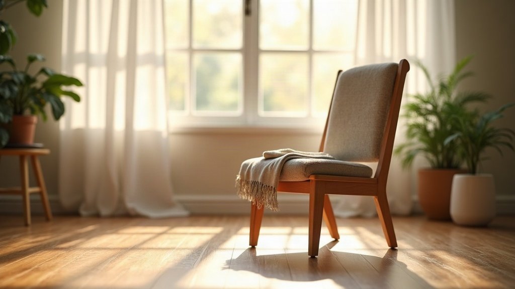 Yoga sur chaise : la séance complète 1 Chaise en bois avec un plaid pres d une fenetre lumineuse, prete pour une seance de yoga sur chaise