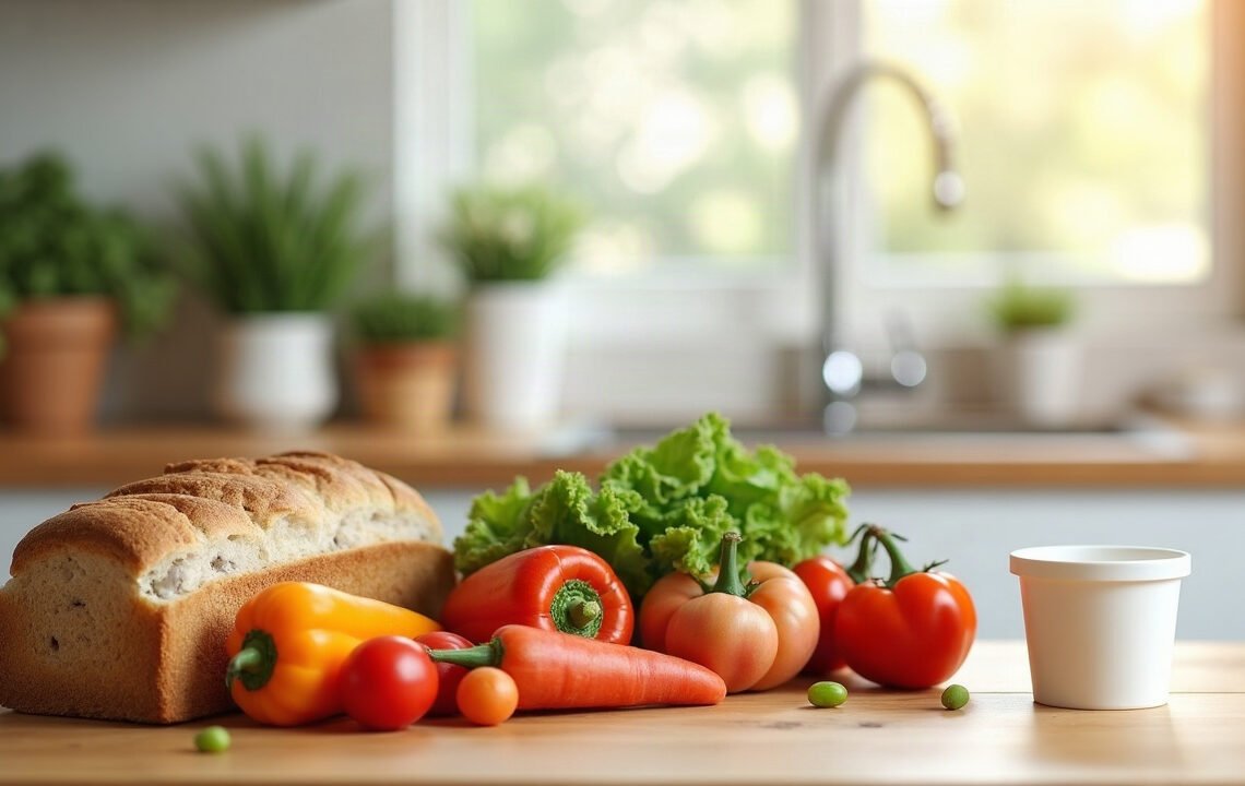 Plan de travail de cuisine avec pain, légumes frais et un pot blanc sans étiquette : aliments ultra-transformés