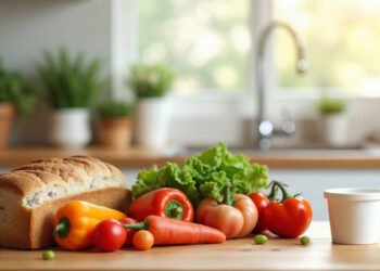 Plan de travail de cuisine avec pain, légumes frais et un pot blanc sans étiquette : aliments ultra-transformés
