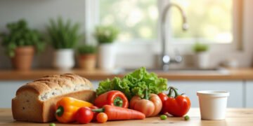 Plan de travail de cuisine avec pain, légumes frais et un pot blanc sans étiquette : aliments ultra-transformés