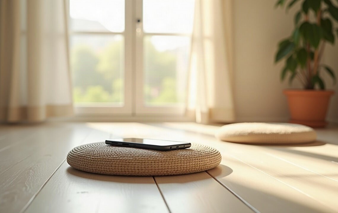 Un smartphone posé sur un coussin de méditation vide dans une pièce ensoleillée : applications de méditation