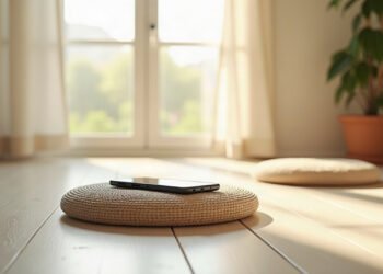 Un smartphone posé sur un coussin de méditation vide dans une pièce ensoleillée : applications de méditation
