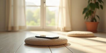 Un smartphone posé sur un coussin de méditation vide dans une pièce ensoleillée : applications de méditation