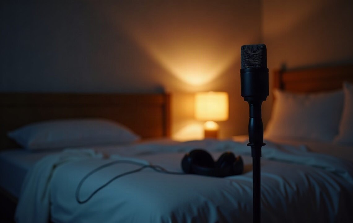 ASMR : une réponse, pas une technique 1 Micro binaural dans une chambre sombre devant un lit fait et vide, lampe de chevet allumée, casque posé sur la couette : ASMR
