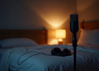 Micro binaural dans une chambre sombre devant un lit fait et vide, lampe de chevet allumée, casque posé sur la couette : ASMR