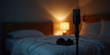 ASMR : une réponse, pas une technique 6 Micro binaural dans une chambre sombre devant un lit fait et vide, lampe de chevet allumée, casque posé sur la couette : ASMR