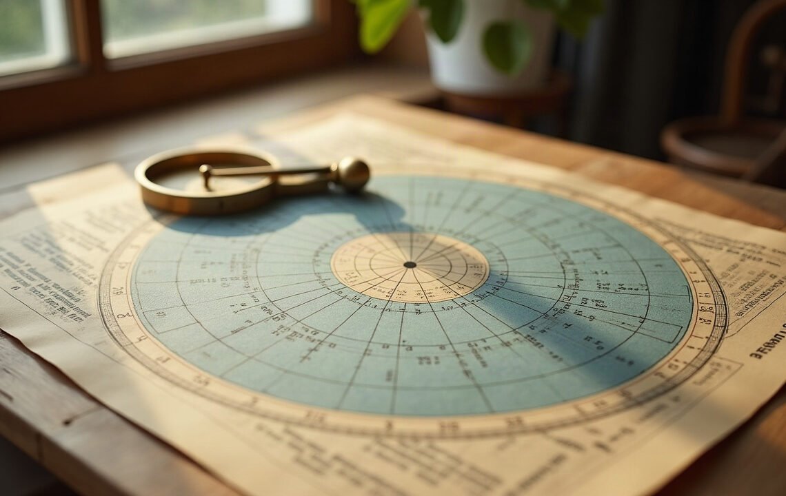 Astrologie et personnalité : ce qui est mesuré 1 Carte du ciel ancienne et compas de laiton posés sur un bureau en bois clair : astrologie et personnalité