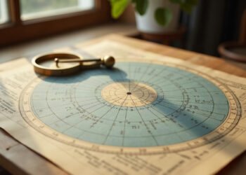 Carte du ciel ancienne et compas de laiton posés sur un bureau en bois clair : astrologie et personnalité