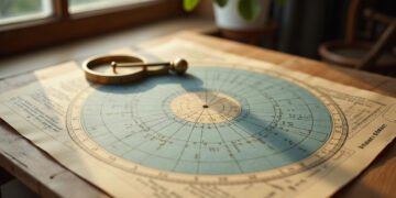 Astrologie et personnalité : ce qui est mesuré 4 Carte du ciel ancienne et compas de laiton posés sur un bureau en bois clair : astrologie et personnalité