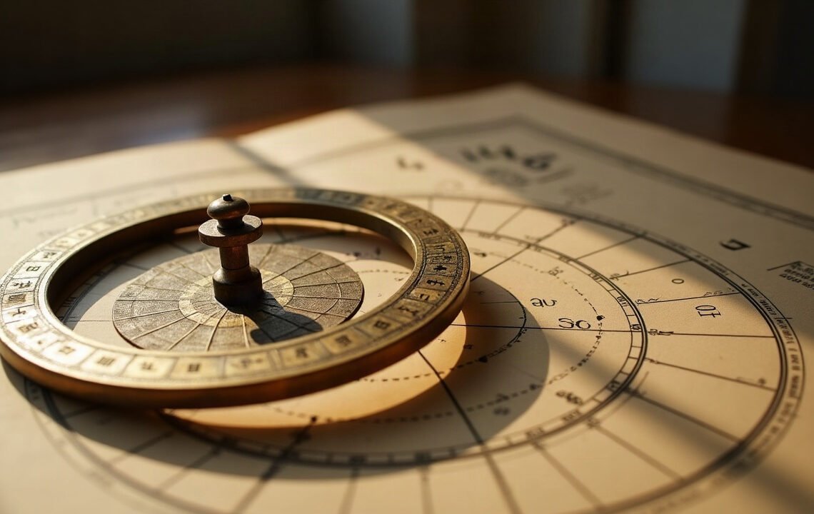 Astrologie védique : ton signe change 1 Disque zodiacal en laiton posé de travers sur une carte du ciel, divisions désalignées, astrologie védique