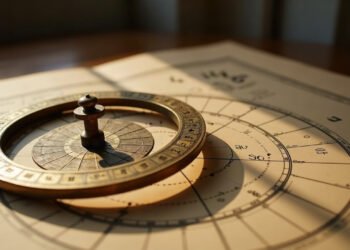 Disque zodiacal en laiton posé de travers sur une carte du ciel, divisions désalignées, astrologie védique