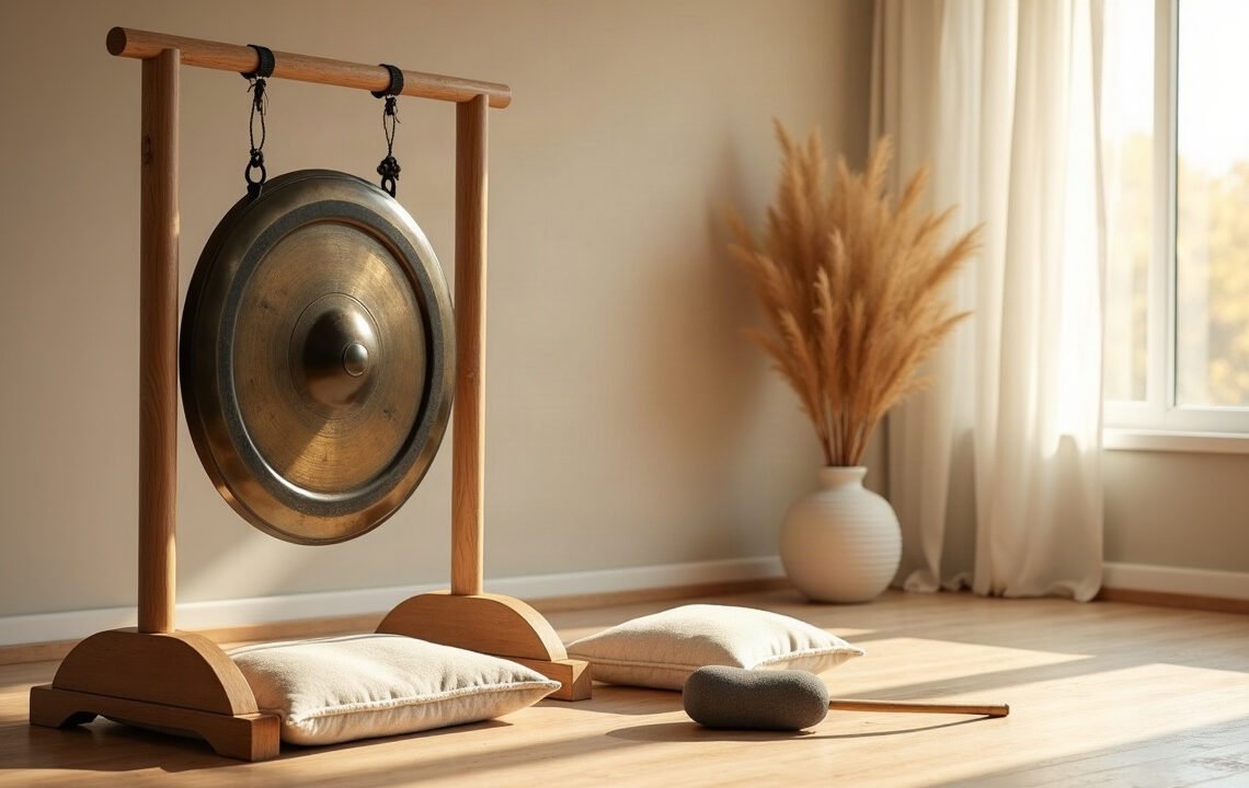 Bain de gong : ce qui est mesuré 1 Gong en bronze suspendu à un support en bois dans une pièce calme, coussins au sol et lumière du matin : bain de gong
