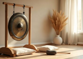 Gong en bronze suspendu à un support en bois dans une pièce calme, coussins au sol et lumière du matin : bain de gong