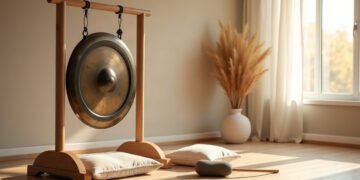 Gong en bronze suspendu à un support en bois dans une pièce calme, coussins au sol et lumière du matin : bain de gong