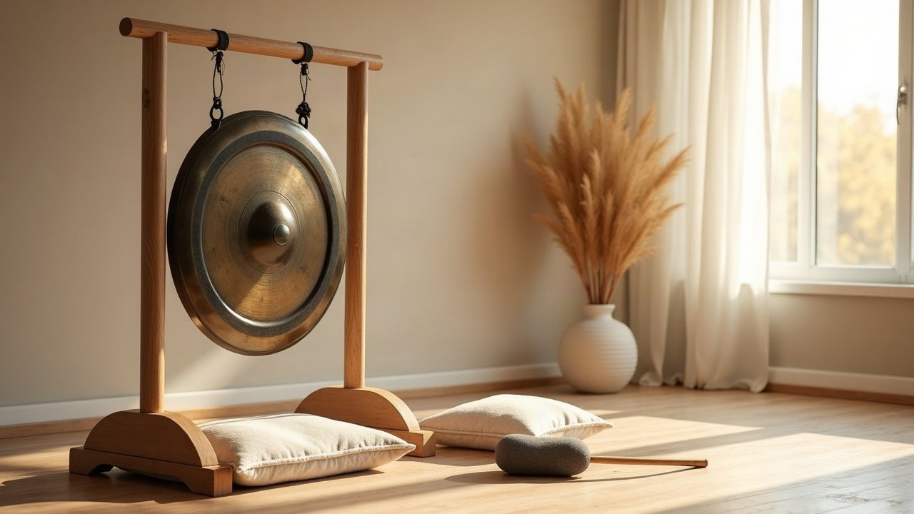 Gong en bronze suspendu à un support en bois dans une pièce calme, coussins au sol et lumière du matin : bain de gong