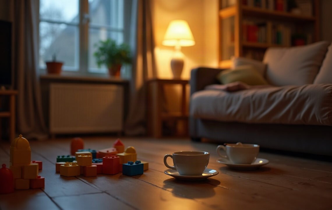 Salon le soir, jouets d’enfants au sol et deux tasses laissées près du canapé, burn-out parental