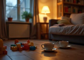 Salon le soir, jouets d’enfants au sol et deux tasses laissées près du canapé, burn-out parental