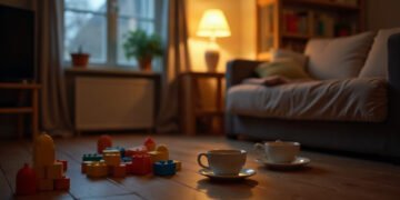 Salon le soir, jouets d’enfants au sol et deux tasses laissées près du canapé, burn-out parental