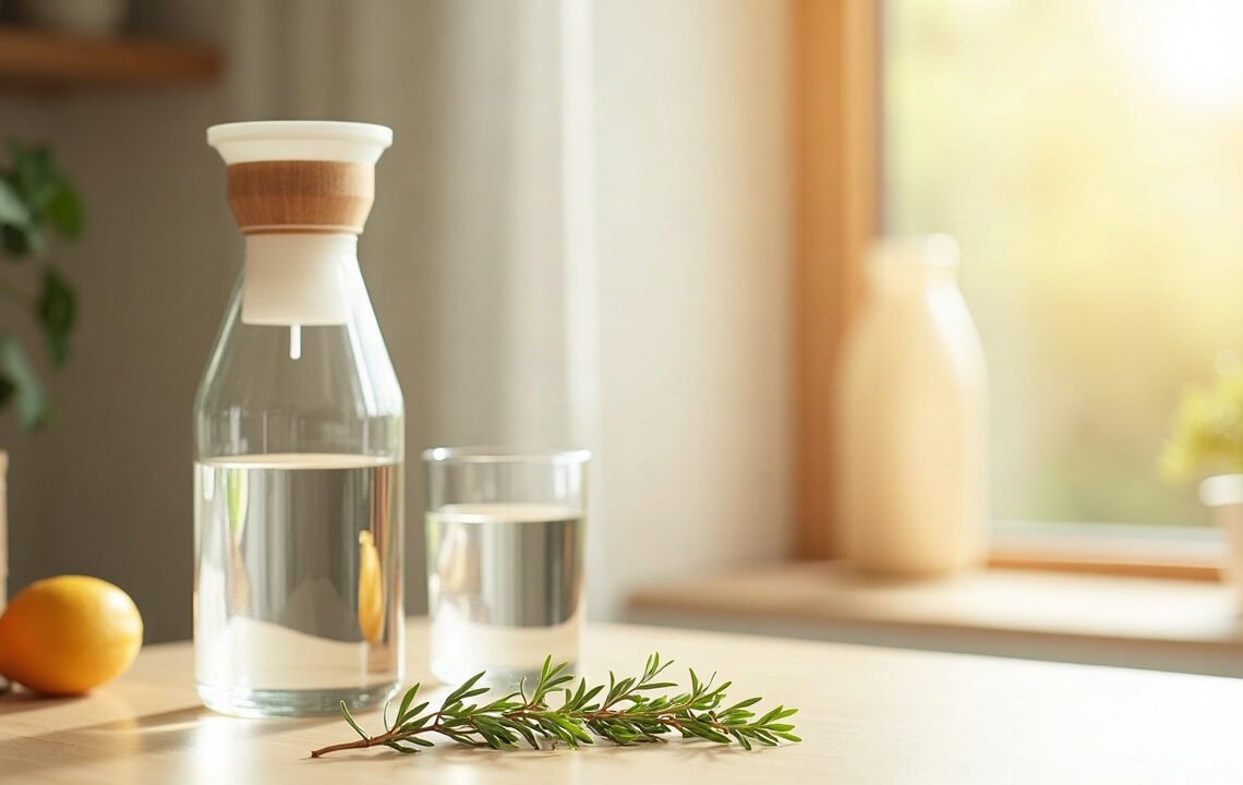 Carafe filtrante en verre et verre d’eau sur un plan de travail clair, lumière du matin : carafe filtrante