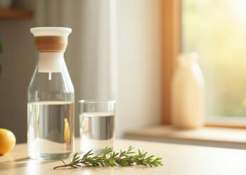 Carafe filtrante en verre et verre d’eau sur un plan de travail clair, lumière du matin : carafe filtrante