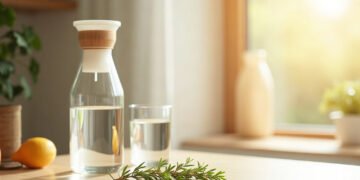 Carafe filtrante en verre et verre d’eau sur un plan de travail clair, lumière du matin : carafe filtrante