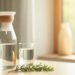 Carafe filtrante en verre et verre d’eau sur un plan de travail clair, lumière du matin : carafe filtrante