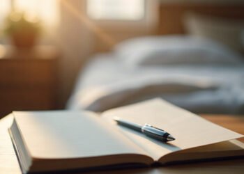 Carnet ouvert et stylo sur une table de chevet au petit matin : cauchemars récurrents