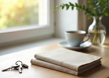 Carnet ferme, tasse de cafe et cles sur un plan de travail en bois au petit matin : charge mentale du quotidien