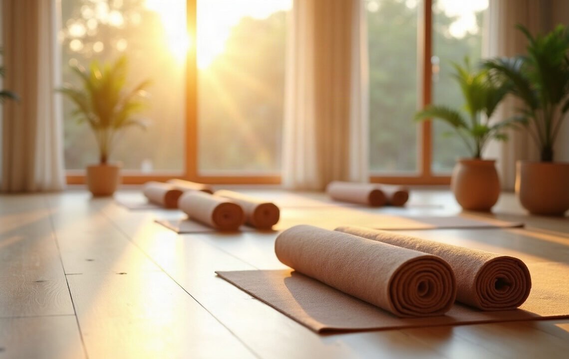 Choisir son professeur de yoga en France 1 Studio de yoga vide au lever du jour, tapis roules sur un parquet clair, professeur de yoga