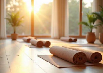 Studio de yoga vide au lever du jour, tapis roules sur un parquet clair, professeur de yoga