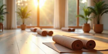 Choisir son professeur de yoga en France 8 Studio de yoga vide au lever du jour, tapis roules sur un parquet clair, professeur de yoga