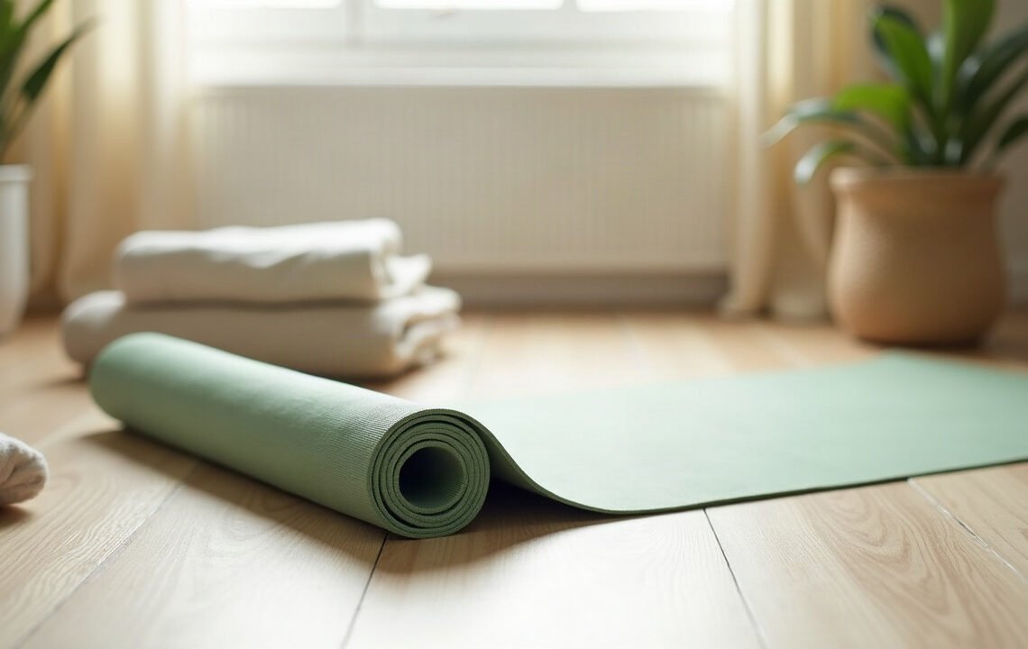 Diastasis : ce que le Pilates change 1 Tapis de Pilates deroule au sol dans un salon calme : diastasis et reprise en douceur