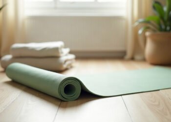 Tapis de Pilates deroule au sol dans un salon calme : diastasis et reprise en douceur