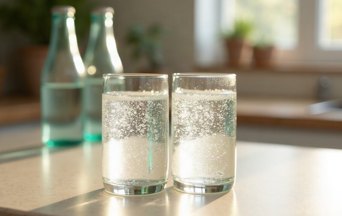 Eau gazeuse : le sodium avant les bulles 1 Deux verres d’eau pétillante identiques sur un plan de travail clair : eau gazeuse