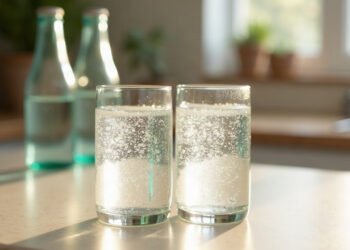 Deux verres d’eau pétillante identiques sur un plan de travail clair : eau gazeuse